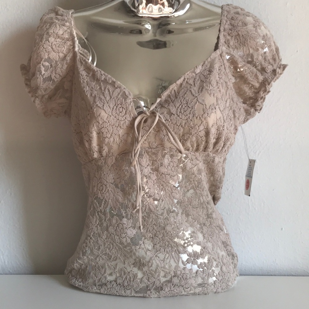 Ambiance - Floral Lace Tie Front Ruffled Short Puff Sleeve - Size Medium